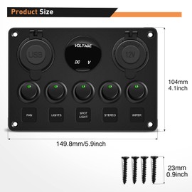 GOOACC Multi-Function 5 Gang Rocker Switch Dual USB Charger Digital Volmeter 12V Outlet Pre-Wired Switch Panel Green with Circuit Breakers for RV Car Boat Truck Trailer,2 Years Warranty
