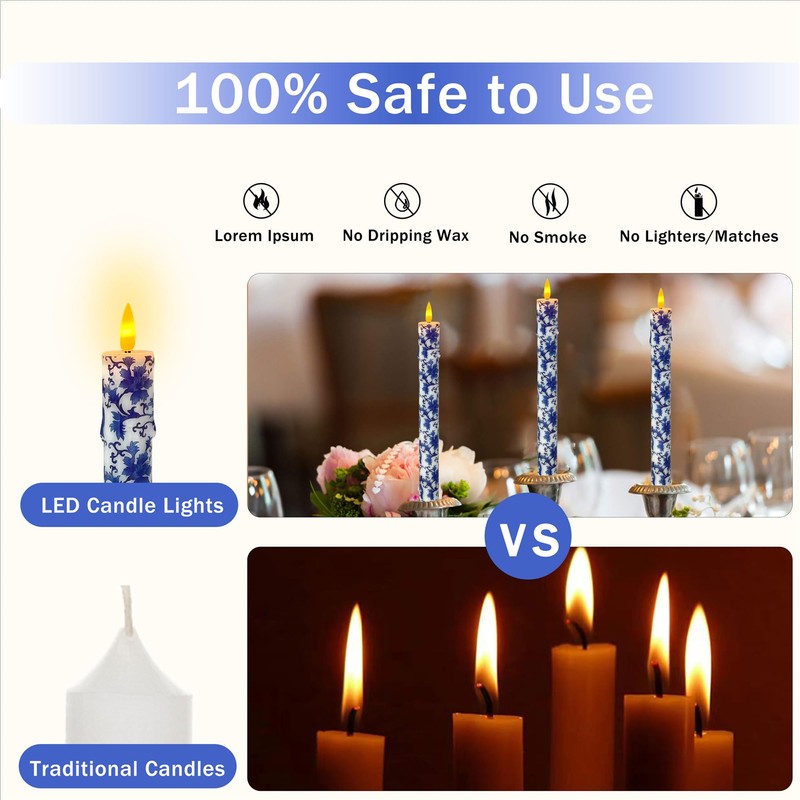 Chinoiserie LED Candles Remote Candlesticks-10inches Blue and White Battery Operated