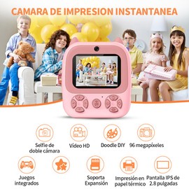 JESWO Cámaras Digitales Instantáneas, Camara Fotos Infantil Instantanea, Cámara para Niños con una batería de 2200 mAh, una Tarjeta SD de 32 GB y Tres Rollos de Papel térmico, es compacta y portátil