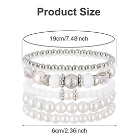 5 Pcs Beaded Stretch Bracelets White Stackable Bracelets Crystal Bead Bracelet Boho Beaded Bracelets Stretch Layering Crystal Stone Beaded Bracelets Trendy Costume Jewelry Gifts for Women
