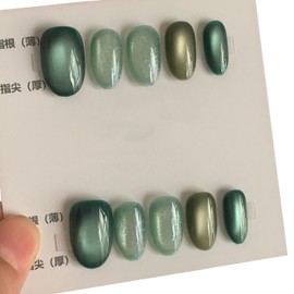 Cat Eye Press on Nails Handmade Short Oval/Square/Round False Nails with French Tip/Aurora/Magnetic Shimmer Designs (Group#Green Spring, Medium)