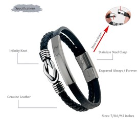 Matty's Charms Men's Knot Bracelet, 2 Strands, Black Leather Braids, Stainless Steel Infinity, Engraved Bar, Always and Forever Clasp (Black, 7.08 Inch)