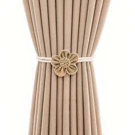 Pack of 2 Curtain Tiebacks, Adjustable Flower Design Curtain Holders, Cotton Curtain Tiebacks with Secure Safety Pins, for Bedroom, Living Room & Bathroom (Khaki)