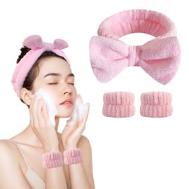 JYOUX 3PCSFluffy Spa Headband, Wrist Strap, Bow Headband for Girls and Women to Wash Face Makeup Yoga Shower-Pink