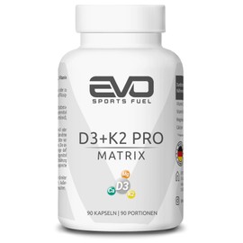 EVO SPORTS FUEL Vitamin D3 + K2 Pro Matrix - 90 Hochdosiert Kapseln - mit All-Trans K2-MK7, Magnesium und Calcium - für Immunsystem, Knochen und Blutgewinnung - geprüfte Qualität - Made in Germany