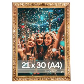VictoR Vermeer Vintage Picture Frame Gold 21 x 30 cm (A4) - Antique Baroque Frame with Acrylic Glass - Sturdy MDF Back Panel - for Portrait and Landscape Format - A4 Picture Frame Gold