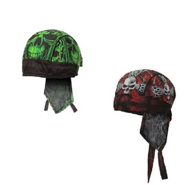 Lot or Set of 2 Red Grey Black Celtic Skull & Cross and Neon Green Gothic Skulls Head Wrap Durag Skull Cap Biker Doo Rag Multi Color