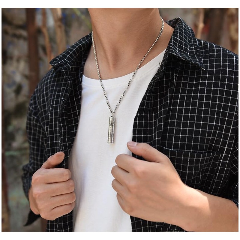 Rockyu Amulet Necklace, Men's, Long Necklace, Sutra Pendant, Openable Capsule,