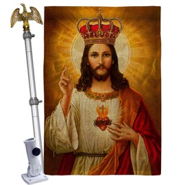 Breeze Decor Sacred Heart Jesus with Crown Burlap House Flag-Eagle Set Religious Faith Hope Grace Peace Dove Christian Religion Easter Banner Small Garden Yard Gift Double-Sided, Made in USA