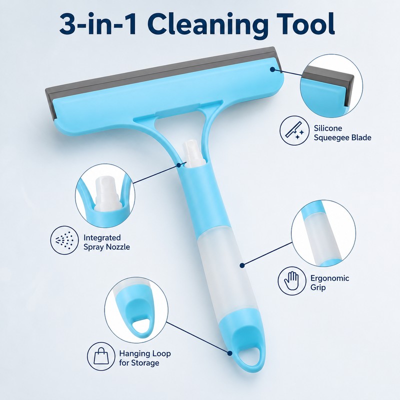 3-in-1 Shower Squeegee with Spray Nozzle - Handheld Glass &