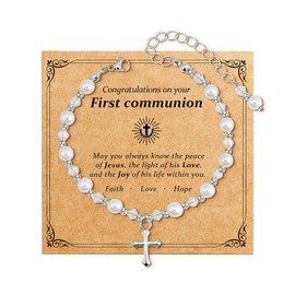 TELAIN First Communion Gifts for Girls - Pearl Cross Bracelet for Girls, Baptism, Confirmation, Christening Gifts for Teenager, Granddaughter, Daughter, Niece