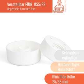 F!XBL Furniture Feet Adjustable Feet for Furniture Diameter 55 mm Furniture Raiser 23-35 mm High Set of 4 Furniture Legs Round White