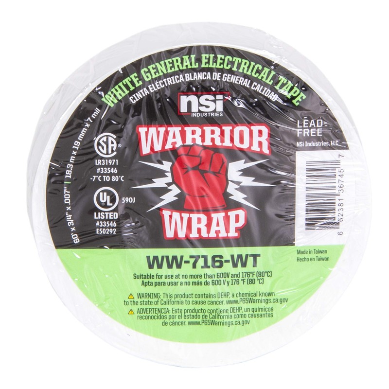 NSI WW-716-WT WarriorWrap General 7 mil Vinyl Electrical Tape, 3/4"