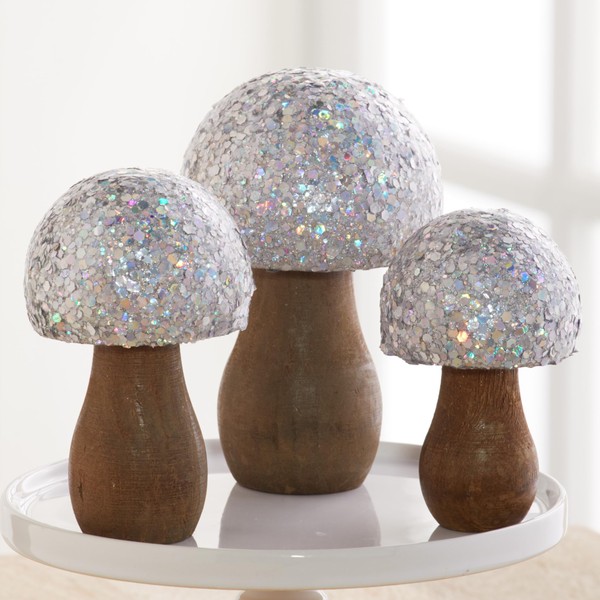 Glitter Mushrooms, set of 3, silver chunky glitter, cute mushroom