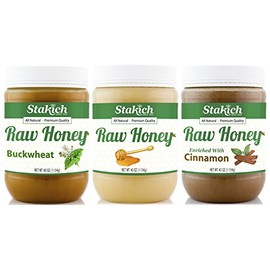 Stakich GIFT PACK - Original Raw Honey, Cinnamon Raw Honey, Antioxidant Raw Honey - Pure, Unprocessed, Unheated, KOSHER