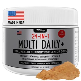 iHeartDogs 24-in-1 Senior Multivitamin Daily+ Total Health Support Powder with Probiotics, Omega-3, Glucosamine, Mushrooms & Bone Broth- 60 Servings