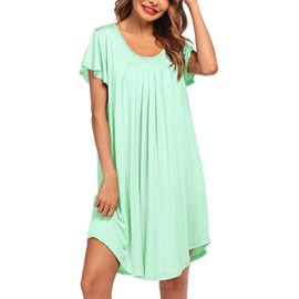 Ekouaer Womens Nightdress Plus Size Nightshirt Short Sleeve Night Shirts Pleated Loungewear Nightgown Nighties Loose Silky, Green, XL