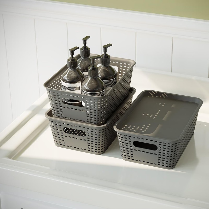 6 Pack Plastic Breathable Storage Baskets with Lids, Gray