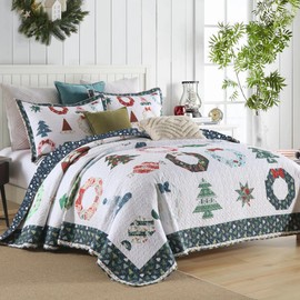 MarCielo 3 Piece Christmas Quilt Set, Rustic Lodge Deer Quilt Bedspread Throw Blanket Lightweight Bedspread Coverlet Comforter Set (Blue Candy, King)