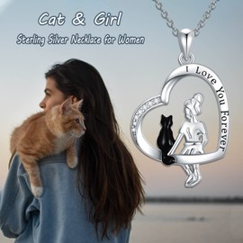 WINNICACA Sterling Silver Cat Necklace for Her Black Cat Gifts for Women I Love You Forever Heart Pendant Cat Jewelry for Cat Lover Christmas Gifts