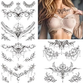 10 Sheets Large Black Floral Chest Tattoos – Temporary Tattoos for Women, Realistic Mandala Floral Branch Tattoo Stickers for Body Art