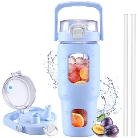 BLUEGO 32oz Glass Tumbler with Lid and Handle, Iced Coffee Cup with Straws, Glass Water Bottle with Silicone Sleeve and Volume, Marker Glass Cup with Time Marking, BPA Free, Blue