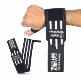 Beast Power Gear Stiff Heavy Duty Wrist Wraps Wrist Support Weightlifting Powerlifting men Women - Black/White, 30"