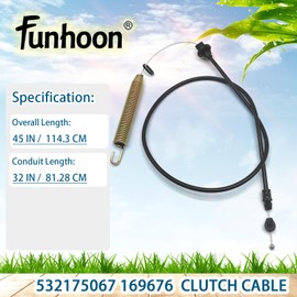 Funhoon Lawn Mower Clutch Cable 175067 for Craftsman LT1000 LT2000 DLT 3000 Husqvarna Poulan AYP Lawn Mowers 42 inch Deck Engagement Cable Replacs 532175067 169676 532169676