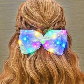HEREAD Pearl Hair Bow Light Up Bow Knot Hair Clip Barrette Wedding Party LED Hair Accessories for Women (Iridescent)