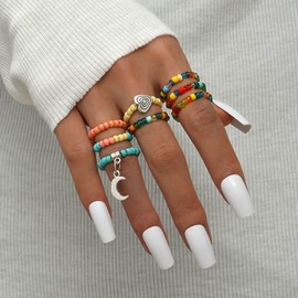 Inateannal Bohemian Stacking Beaded Rings Moon Charm Stretch Rings Cute Star Heart Acrylic Beads Rings Set Gifts for Women Girls Kids