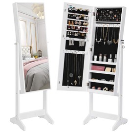 SONGMICS Mirrored Jewelry Cabinet Armoire, Standing Full Body Larger Mirror, Lockable Jewelry Organizer, White UJJC69WT