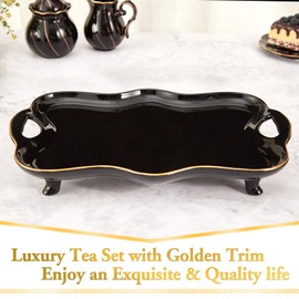 DUJUST Porcelain Serving Tray with Handles, Luxury British Style Coffee Table Tray with Golden Rim, Beautiful Tea Tray Decor for Living Room, Easy to Use & Clean - Black