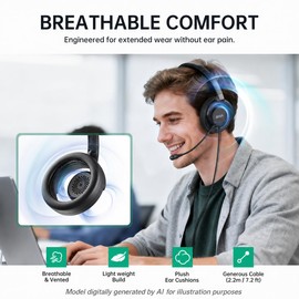EKSA H27 USB Computer Headset with Microphone for Work, PC Headset with Noise Cancelling Mic, Wired Over-Ear Headphones with in-Line Controls, USB Headset for PC/Computer/Laptop/Call Center/Office
