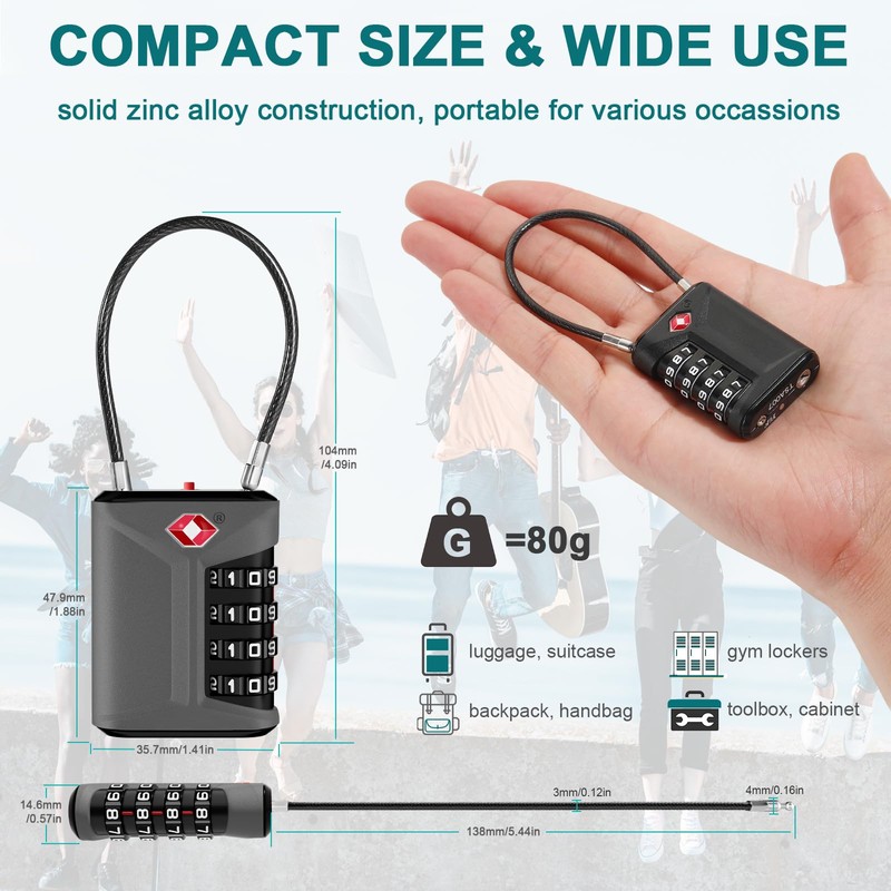 ZHEGE Luggage Locks, Cable Lock TSA Approved with White Numbers,