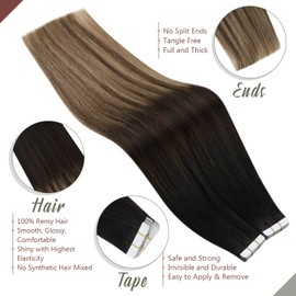 Ugeat Tape in Hair Extensions 22 Inch Tape in Invisible Hair Extensions Balayage Off Black to Dark Brown with Caramel Blonde Tape in Natural Human Hair Extensions 20PCS/50Grams