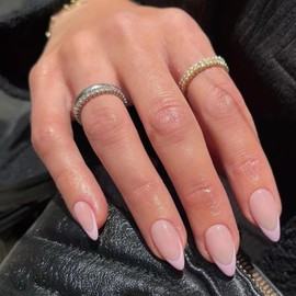 KQueenest 30 Pcs Light Pink French Tip Press on Nails Short Almond Nails Acrylic, Natural Nude Medium Fake Nails Press ons, Classic Glue on Nails Short, Gel French Tip Nails for Women DIY Manicure