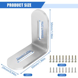Pack of 16 L-Angle Stainless Steel Angles with 2 Slot Hole, 50 x 50 mm, 2.8 mm Thick, Adjustable Angle Connector, Stainless Steel, Adjustable Angle with 35 mm Slotted Hole, Stainless Steel, Heavy Duty