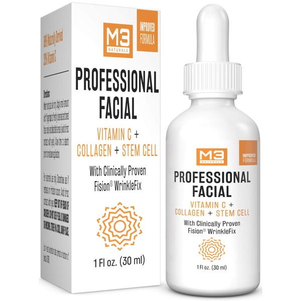 M3 Naturals Professional Facial Infused with Clinically Proven Fision Wrinkle Fix, Collagen, Stem Cell, and Vitamin C to Help Lift and Firm Face Under Eye Dark Circles Anti Aging Serum 1 fl oz