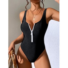 Dixperfect Women's Retro 80s/90s Inspired High Cut Low Back One Piece Swimwear Bathing Suits Black Zip-L