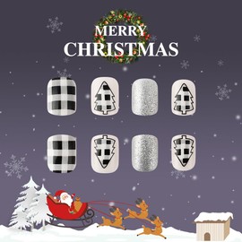 24 Pcs Christmas Press on Nails Short Square Xmas Fake Nails Press ons Nail Art Tip Glue on Nails SHANRUN Full Cover Artificial Acrylic False Nails Stick on Nail Silver Glitter Black White Grid Design