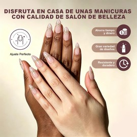 Uñas Postizas con Punta Francesa, Uñas Press on para Manos, Cortas y Puntiagudas en Forma de Almendra con Acabado UV, Kit de Uñas Semitransparentes de Calidad de Salón con Lima Pegamento y Adhesivos de Gelatina-F