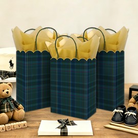 Whaline 24Pcs Green Blue Plaid Paper Bag with 30 Sheets Gold Tissue Paper Tartan Scalloped Treat Bags with Handles Candy Goodie Bags for Baby Shower Birthday Party Favors Supplies