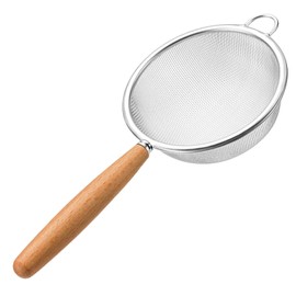 Dewocke High-quality 10 cm stainless steel kitchen strainer with wooden handle, practical and fine mesh sieve for sifting and draining flour, robust, rust-proof, thickened polished edge, single ear