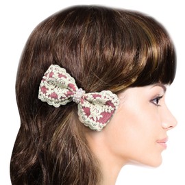 Triple Rose Lace Faux Pearl Bow Hair Clip - Magenta