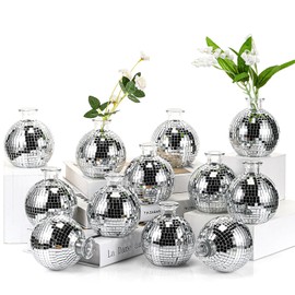 Layhit 12 Pcs Disco Ball Vase for Flower and Plant 4 Inch Small Glass Vase Silver Mirror Mini Disco Ball Planter for Indoor Outdoor Wedding Birthday Home Bedroom Kitchen Office Decoration