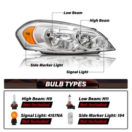 Bingbingmotor BRYGHT Fits for 2006 2007 2008 2009 2010 2011 2012 2013 Chevy Impala Headlight Assembly 14-16 Impala Limited / 06-07 Monte Carlo OE Style Replacement Chrome Housing Left Driver Side