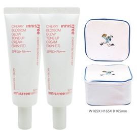 Innisfree Cherry Blossom Glow Tone-Up Cream Skin Fit 2pcs + Cleanser + Play Green Cosmetic Pouch (Blue) / 이니스프리 왕벚꽃 글로우 톤업 크림 스킨 핏 2개+클렌저+플레이그린 화장품 파우치 (블루)
