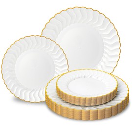 Lullaby 60 Pack Pearl White Scalloped Plastic Plate with Gold Rim, Disposable Elegant Plate Include 30pcs Dinner Plates 10.25", 30pcs Dessert Plates 7.5", Perfect for Daily Use, Wedding and Party
