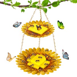 DECOHS Double-Deck Bee Feeder with Vivid Flower Design, Anti-Rust Iron Butterfly Bee Watering Stations with 2 Sponge, Hanging Butterfly Bath Bowl Bee Drinking Cup for Garden Yard Outdoor Decor