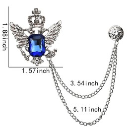 Crown Brooch Pins for Men Gold Silver Royal Blue Crystal Wing Suit Pins Brooch Collar Pins Hat Gem Lapel Pins with Hanging Chain Tassel Anniversary Christmas Birthday Gifts for Him Boyfriend Husband